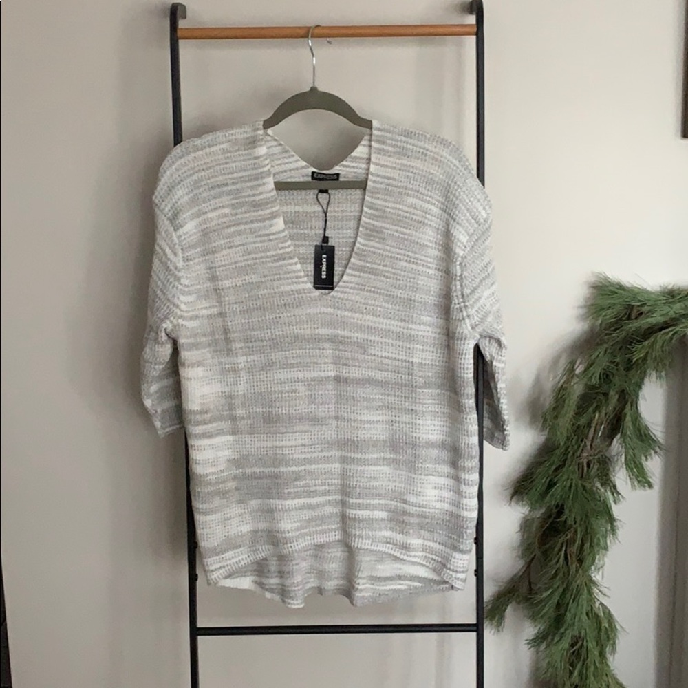 NWT Express | grey and white V neck sweater